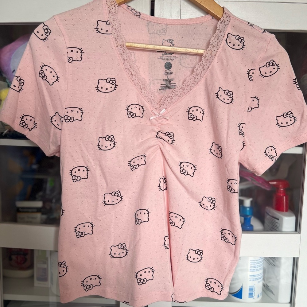 Sanrio Hello Kitty Baby Pink Allover Print Lace Crop Top Size LargeNWOT